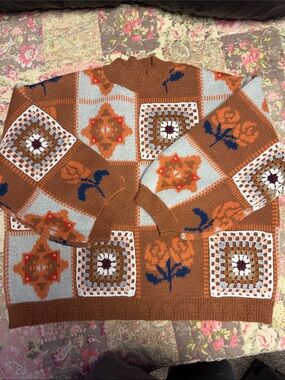 Patchwork Knit Sweater - Rust & Light Gray